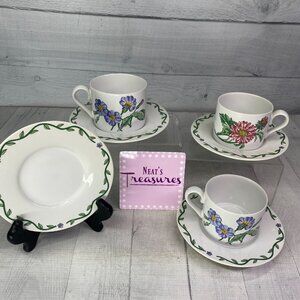 International Tableworks TERRACE BLOSSOMS Floral Stoneware 3 Cup W 4 Saucer Set
